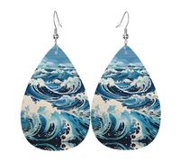 Ukiyo-e stile onde orecchini in pelle stampata su entrambi i lati int e forma di gocce d'acqua, creativi, leggeri e romanzi, colori vivaci e vivaci.