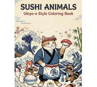 Ukiyo-e style coloring book cover, sushi and animals