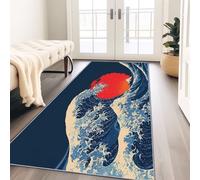 Ukiyo-E Tappeto da corridoio antiscivolo, 80 x 300 cm, blu, rosso, spiaggia, nautico, lavabile, tappeto da cucina, Ukiyo-E, onde giganti dell'oceano e sole rosso, lungo tappeto per ingresso e