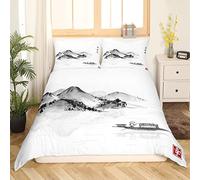 Ukiyoe giapponese Copripiumino Mountain Set di biancheria da letto in Copripiumino Acquerello Inchiostro Bianco Nero Modello Copriletto Cove 3 Pezzi Biancheria da letto Matrimoniale
