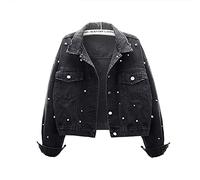 UKKO Giacca di Jeans Black Vintage Oversized Women Jeans Jeans Giacca con Perle Diamonds Spring Streetwear Streetwear Cappotto Denim Female Allego-Black,M