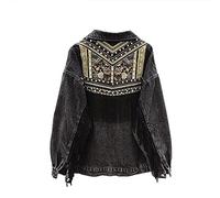 UKKO Giacca di Jeans Coreano Con Ricamo Floreale e Nappa - Maniche Lunghe, Denim, Veste Femme - Nero, S