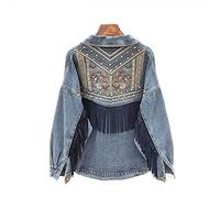 UKKO Giacca di Jeans Giacca in Denim Coreano Ricamo Floreale Nappa Giacca A Maniche Lunghe Giacca A Maniche Lunghe Giacca da Donna Veste Femme-Navy Blue,XL
