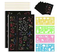 UKOFEW 50 Pezzi Scratch Art Notes per Bambini, Scratch Art Paper per Bambini, con 5 Stilo in Legno e 4 Righelli Modello, per Appunti, Disegni, Giochi, Scrittura