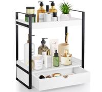 Ukonvi Organizer da bagno a 2 ripiani con cassetto, ripiano in legno per riporre oggetti, vassoio per organizzare e decorare il bagno, organizer da piano di lavoro per cucina, ufficio (bianco)