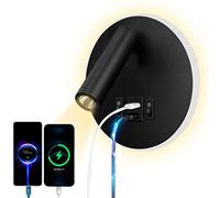 uksunvi LED Lampada da Lettura Lampada Da Parete USB Tipo-C Due Interruttore di Bocca di Carica Regolabile 12W LED Spotlight 3000K Lampada Da Parete In Lampada Da Letto Rotabile (Tondo nero)