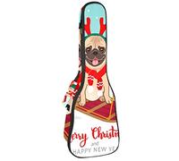 Ukulele Bag Merry Christmas Pug Dog Pattern Ukulele Custodia per Soprano Tenore Concert 23 Pollici 10 MM Spessore Morbido Imbottito Cinghie Regolabile Gig Bag