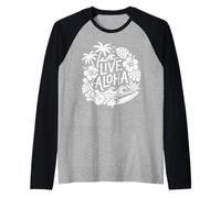 Ukulele da Surf Hawaiano dal Vivo Aloha Hibiscus Tropical Vibes Maglia con Maniche Raglan