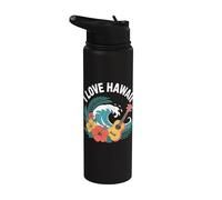 Ukulele I Love Hawaii Waves stile ibisco Stainless Steel Insulated Water Bottle