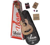 Ukulele Soprano 21" UKAM AM-HM10, modello Tigre Oguman, con accordatore a clip, capotasto speciale ukulele, custodia imbottita con cinghia, set di corde extra e plettri. Pacchetto completo avanzato.