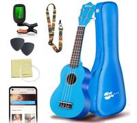 Ukulele soprano, kit per principianti - 53,3 cm, con borsa da trasporto, accordatore digitale con clip, Libro con istruzioni per suonare e brani (in lingua inglese), set completo 21" Cool Blue