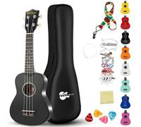 Ukulele soprano per principianti, kit per bambini, adulti, studenti, 53,3 cm, borsa da concerto, tracolla con corda di ricambio, panno per la pulizia e plettri per libro dei brani (nero lucido)
