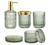 Ulable Set di accessori per il bagno, set di 5 dispenser di sapone da bagno, set di accessori da bagno in vetro verde con dispenser per lozione, portasapone, portaspazzolino, bicchiere, barattoli di