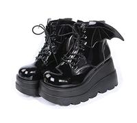 Ulalaza Dark Bat Wing Stivaletti per Donna Zeppa Chunky con Piattaforma Sassy Stivale Punta Rotonda Allacciatura Cerniera Laterale Tacco Alto Stivale Donna Tessuto Elasticizzato Morbido Delicato