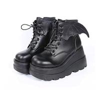 Ulalaza Dark Bat Wing Stivaletti per Donna Zeppa Chunky con Piattaforma Sassy Stivale Punta Rotonda Allacciatura Cerniera Laterale Tacco Alto Stivale Donna Tessuto Elasticizzato Morbido Delicato