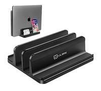 ULBRE Supporto verticale per computer portatile, in metallo, doppio regolabile, 4 scomparti, compatibile con tutti gli iPad, tablet, Surface Pro, Go, Dell, Samsung, HP, Chromebook fino a 17,5", nero