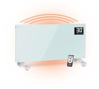 ULCANO Stufetta Elettrica Da Bagno, Basso Consumo 2000W (Modalità ECO 1000W), Termoconvettore con Ruote + Montaggio a Parete, Vetro Temperato, Display + Timer + Telecomando, Con Termostato, Bianco
