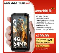 Ulefone Armor mini 20 4G 4.7" Display Telefono robusto 64MP Fotocamera notturna Luce LED versatile Smartphone Android 14 6200mAh 16GBRAM（8+8）256GB ROM 33W