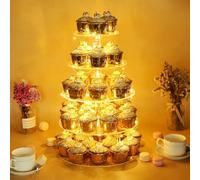 Ulifeme 5 Livelli Cupcake Stand, Alzata Torre Rotonda in Acrilico con Luci Gialla a LED Stringa, Porta Torte Albero Dessert per Compleanno, Matrimonio, Anniversario & Decorazione per Feste