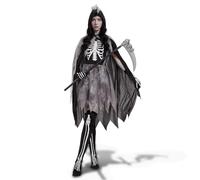 Ulikey Costume da Tristo Mietitore Donna, Mantello di Morte Costume di Halloween con Cappuccio, Guanti, Catena in Vita e Falce Giocattolo per Halloween, Carnevale (L, Donna)