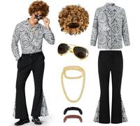 Ulikey Costume da uomo, anni '70, anni '60, anni '70, costume da discoteca, costume da discoteca da uomo, set con parrucca, camicia, pantaloni a zampa e accessori da discoteca, per carnevale Halloween
