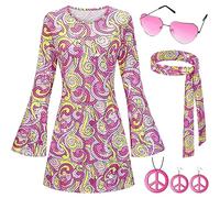Ulikey Costume hippie da donna, set anni '60 e '70, abbigliamento hippie da donna e ragazza, abito da discoteca con paillettes, abito alla moda Abba con accessori per costume anni '60, abbigliamento