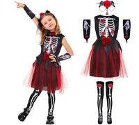 Ulikey Costume Scheletro Bambino, Vestito Scheletro Ragazze Halloween Costume Scheletros Ragazze con Guanti Scheletr, Collana in Pizzo Rosa y Calzini Scheletrici per Halloween, Carnevale (L)