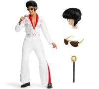 Ulikey Elvis Presley Costume, 6 Pezzi Costume Disco Anni 70 Uomo con Parrucca Elvis, Occhiali da Sole, Microfono, Sciarpa Rossa, Cintura Bianca Vestiti Rock Uomo per Carnevale, Festa Cosplay (XL)