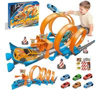 Ulikey Pista da Corsa Bambino, Pista Macchinine Giocattolo con 3 Anelli e 6 Veicoli A Motore, 76 Pezzi Pistas da Corsa Macchinine Flessibile con Luci e Suono, Regalo per Bambino Bambina 3+ Anni