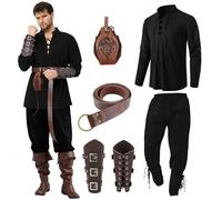 Ulikey Set di Abbigliamento Medievale da Uomo, Set di Costumi Medievali Rinascimentali da Uomo Con Camicia Classica Medievale, Pantaloni Medievali, Cintura, Protezioni Accessori (Nero, M)
