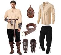 Ulikey Set di Abbigliamento Medievale da Uomo, Set di Costumi Medievali Rinascimentali da Uomo Con Camicia Classica Medievale, Pantaloni Medievali, Cintura, Protezioni Accessori (Beige Nero, S)