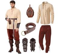 Ulikey Set di Abbigliamento Medievale da Uomo, Set di Costumi Medievali Rinascimentali da Uomo Con Camicia Classica Medievale, Pantaloni Medievali, Cintura, Protezioni Accessori (Beige Marrone, L)