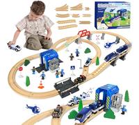 Ulikey Set di ferrovia in legno per bambini, 72 pezzi, ferrovia in legno e treno, set ferroviario con locomozione elettrica, polizia e ladri, regalo per ragazzi e ragazze