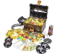 Ulikey Tesoro Pirata Monete d'oro e Gemme , Scrigno , 50 Pezzi Monete e 100 Pezzi Diamanti Acrilici, Giocattolo Bambino Halloween Decorazione Regalo