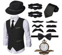 Ulikey Vestiti Anni 20 Uomo, Set di Accessori da Uomo Anni '20, Costume da Mafia Anni 1920 Set con Vari Accessori per Halloween, Carnevale, Travestimenti Alla Moda (XL, Nero)