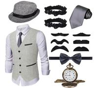 Ulikey Vestiti Anni 20 Uomo, Set di Accessori da Uomo Anni '20, Costume da Mafia Anni 1920 Set con Vari Accessori per Halloween, Carnevale, Travestimenti Alla Moda (XXXL, Grigio)