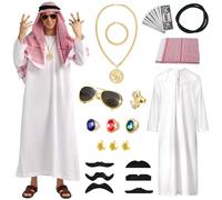 Ulikey Vestito Arabo Uomo, Carnaval Costume Sceicco Arabo, Costume Arabo Sceicco per un Uomo Con Anelli, Collane, Occhiali da Sole, Sciarpe per La Testa Carnevale, Feste, Cosplay (2XL)