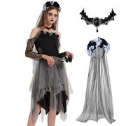 Ulikey Vestito Halloween Sposa Cadavere con Velo e Collana, Sposa Fantasma Donna per Halloween Carnevale Sfilate Cosplay Feste (XL)