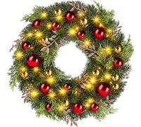 Ulinek Ghirlanda di Natale con 40 LED 40 cm, Ghirlanda Natalizia con Illuminazione, Aghi di Abete Artificiali Foglie Palline Rosse/Oro, Ghirlanda Luci Decorazione per Porta di Casa Scale Vetrine