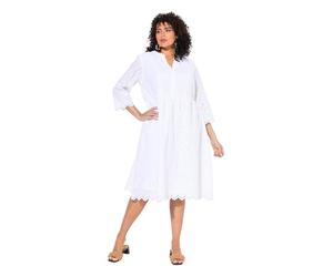 Ulla Popken Abito da donna taglie forti, taglie forti, con punta forata, scollo a tunica, maniche a 3/4 816704, bianco neve, 56-58