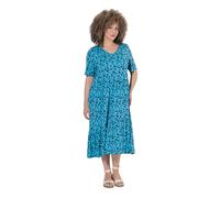 Ulla Popken Abito di Jersey dal Taglio Svasato con Scollo a V, Mezze Maniche e Volant Turchese Scuro 46+ 836102730-46+