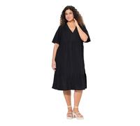 Ulla Popken Abito Midi dal Taglio Svasato in Seersucker con Scollo a V e Mezze Maniche Nero 50+ 839746100-50+