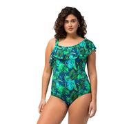 Ulla Popken Badeanzug, Dschungel, Softcups, Volant, Geteilter Träger Costume da Bagno One-Shoulder, Blu Jeans, 52 Donna