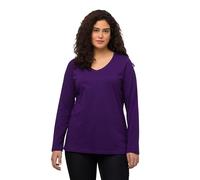 Ulla Popken Maglia Basic in Puro Cotone con Maniche Lunghe e Scollo a V, Fino alla tg. 70 Violet Profondo 42+ 719505840-42+