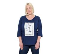 Ulla Popken Maglia Classica con Piante, Scollo a V e Maniche a 3/4 Blu Inchiostro 58+ 825906740-58+