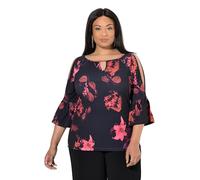 Ulla Popken Maglia con Design Floreale, Apertura, Scollo a Girocollo e Maniche a 3/4 con Volant Nero 42+ 847433130-42+