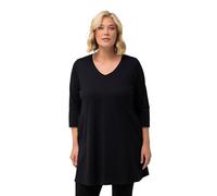 Ulla Popken Maglia dal Taglio Lungo e Svasato con Cuciture Decorative, Scollo a V e Maniche a 3/4 Nero 58+ 827537100-58+