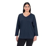 Ulla Popken Maglietta Basic a V a Maniche Lunghe, Blu/Nero, 56-58 Donna
