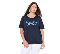 Ulla Popken T-Shirt mit Flauschigem Schriftzug, Classic Maglietta con Scritta soffice, Blu Marino, 52/54 Donna
