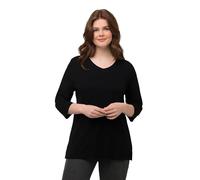 Ulla Popken Shirt, Rippjersey, V-Ausschnitt, 3/4-arm, Biobaumwolle Maglia a Costine, Scollo a V, Maniche a 3/4, Cotone Biologico, Nero, 60/62 IT Donna